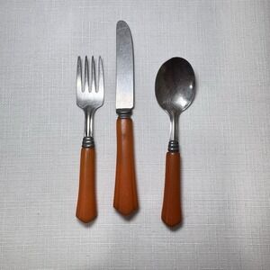 Vtg BUTTERSCOTCH BAKELITE CHILD'S SILVERWARE SET  SPOON KNIFE FORK